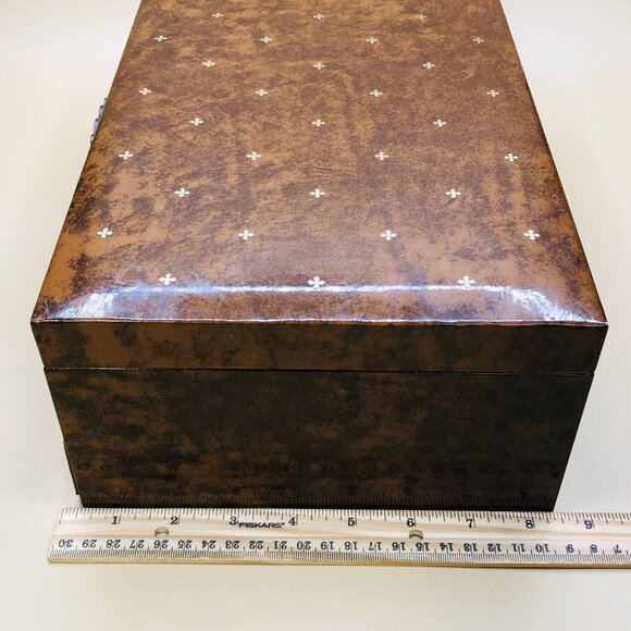 Vintage 60s Jewelry Chest Dresser Box with Drawer: Brown Vinyl Orange Lining - Picture 9 of 10